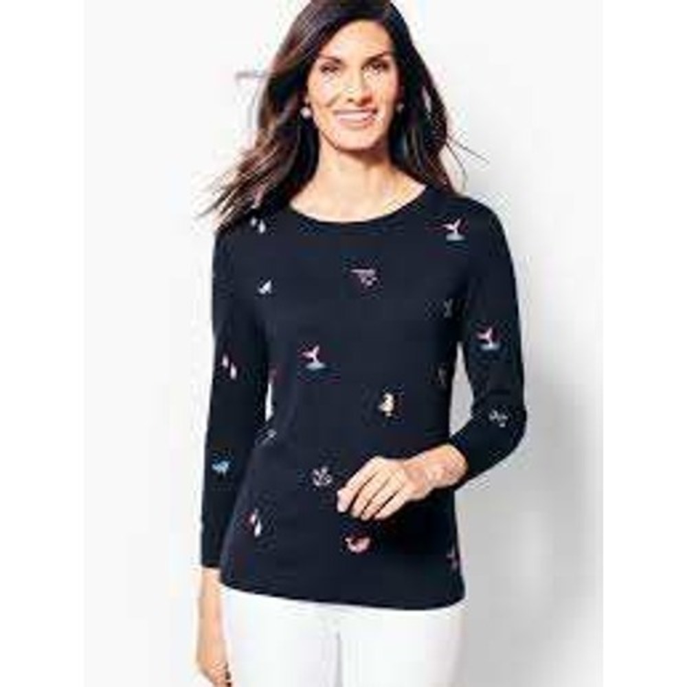 Talbots Petites Navy Nautical Whale Anchor Buoy Embroidered Sweater - Size SP